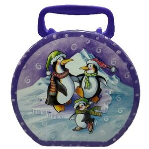 Penguin Tin Box Round Christmas Holiday Storage Container with Handle